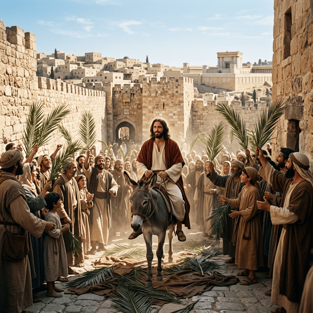 Man riding a donkey entering a city, greeted by crowd waving palm branches