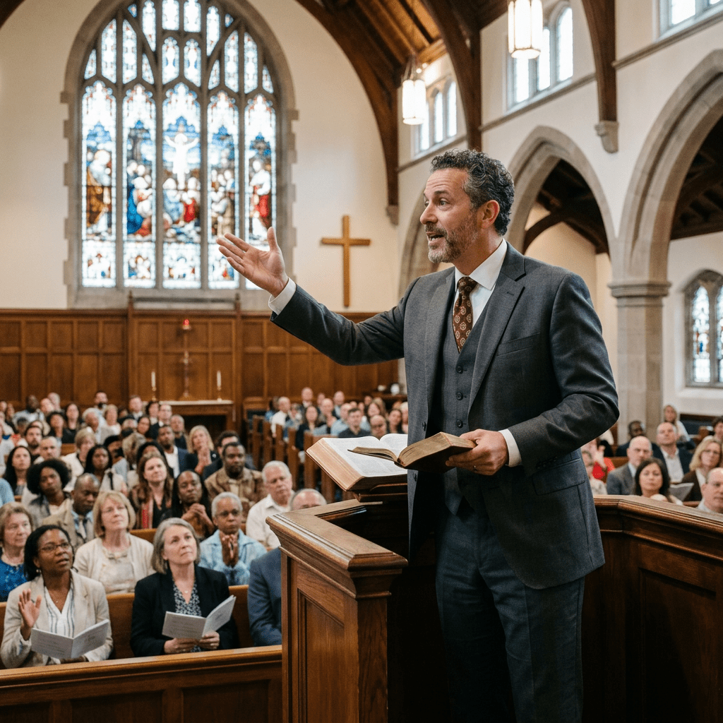 Man preaching from pulpit in church with congregation listening