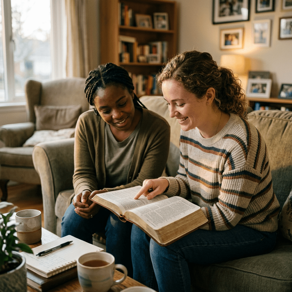 Two women sitting on a couch reading and discussing a Bible