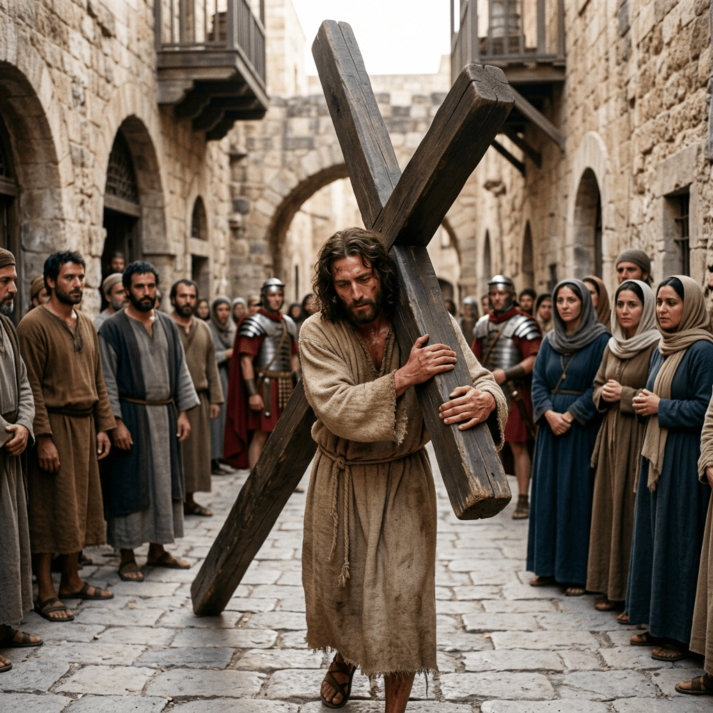 Man dressed as Jesus carrying a wooden cross in a stone-paved street