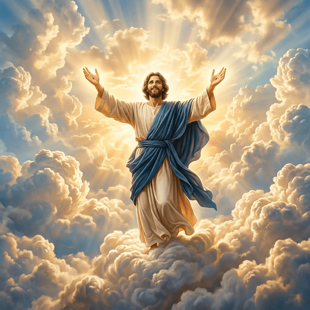 A joyful figure with outstretched arms rises among glowing clouds and radiant sunlight