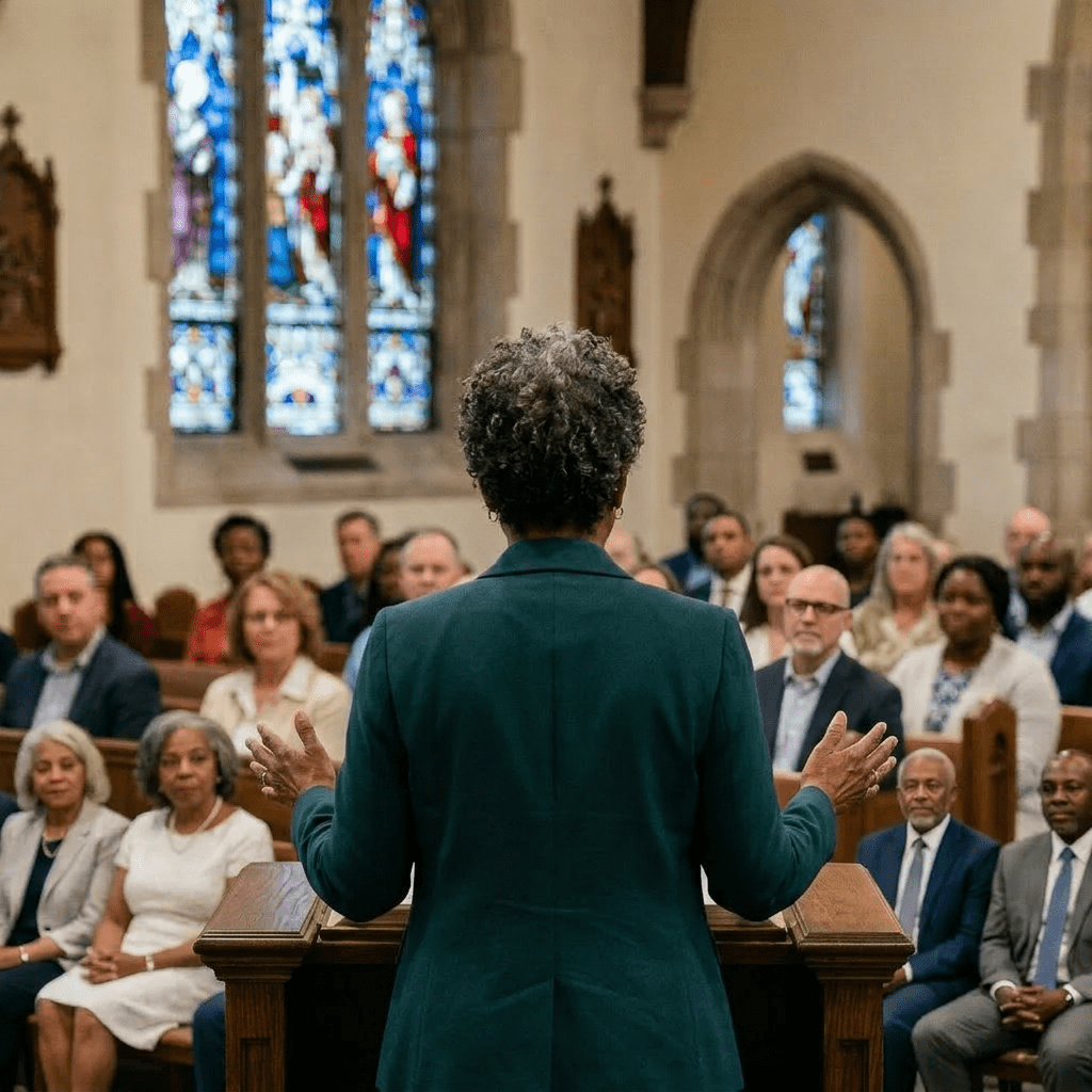 Woman speaking at church pulpit with Bible and microphone