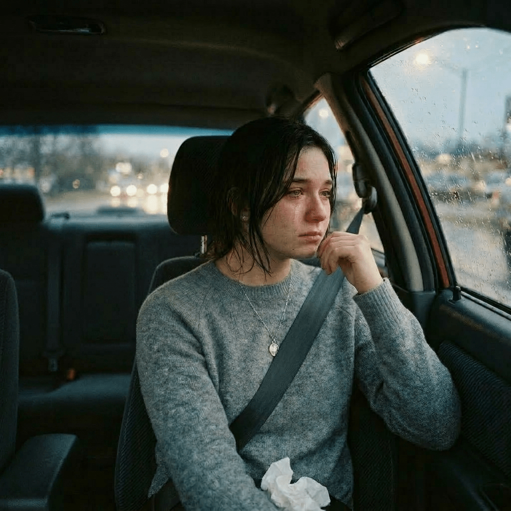 Young woman with tear-streaked face sitting in passenger seat of car on rainy day