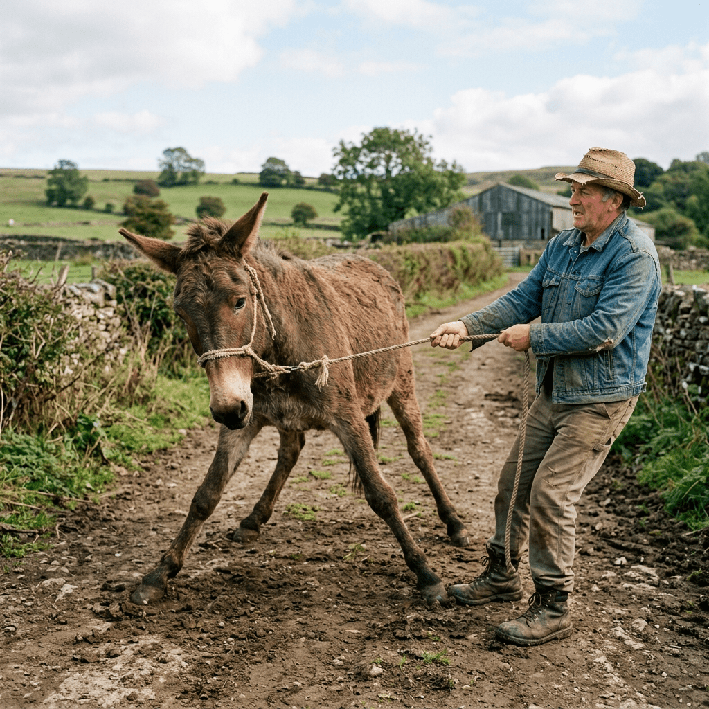 Man in denim jacket and hat pulling a donkey with a rope on a farm path