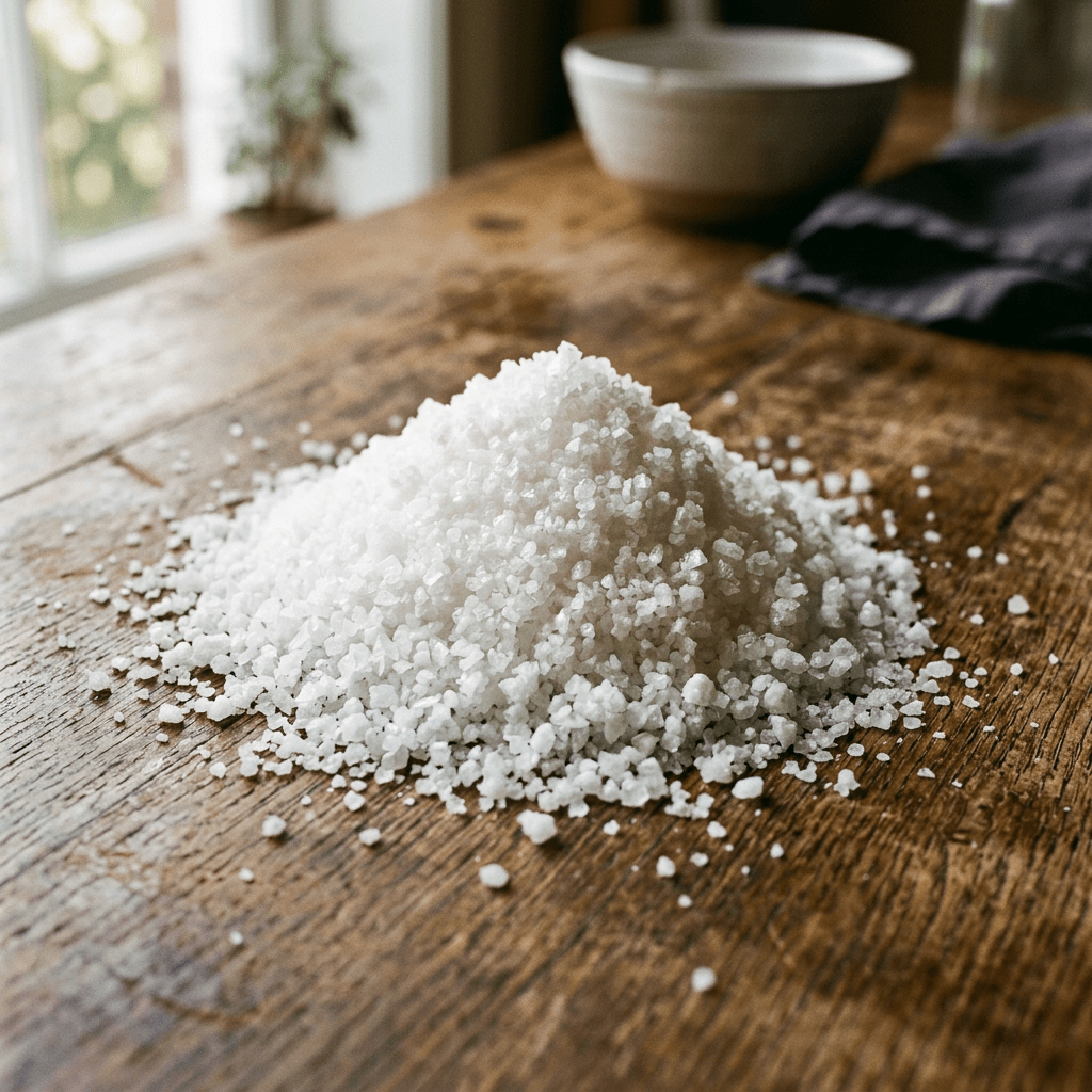 Pile of coarse sea salt grains on a wooden table