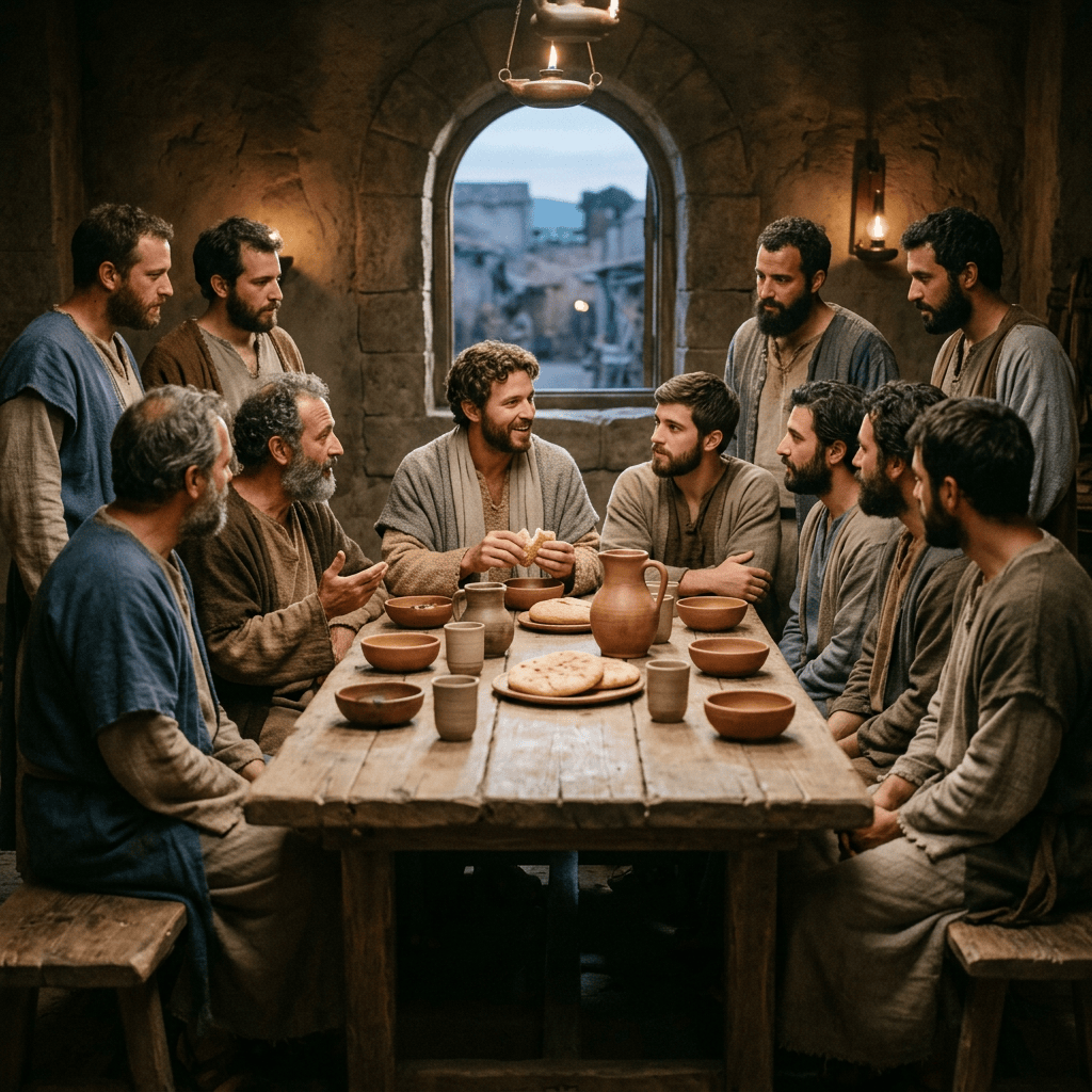 Men in simple robes sharing bread around a rustic wooden table